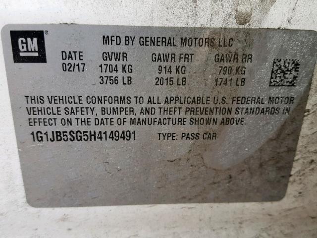 1G1JB5SG5H4149491 - 2017 CHEVROLET SONIC LS 白色 照片 10