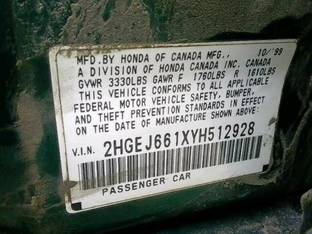 2HGEJ661XYH512928 - 2000 HONDA CIVIC BASE 绿色 照片 10