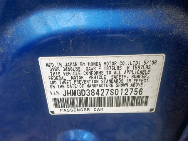 JHMGD38427S012756 - 2007 HONDA FIT BLUE photo 10