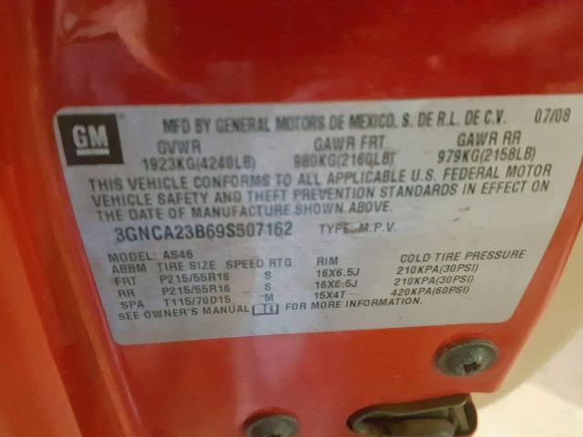 3GNCA23B69S507162 - 2009 CHEVROLET HHR LT RED photo 10