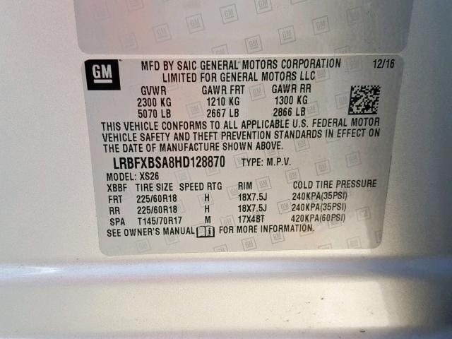 LRBFXBSA8HD128870 - 2017 BUICK ENVISION E SILVER photo 10