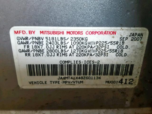 JA4MT41X48Z601134 - 2008 MITSUBISHI OUTLANDER SILVER photo 10