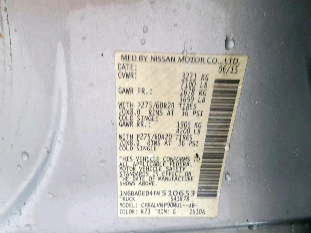 1N6BA0ED4FN510653 - 2015 NISSAN TITAN S SILVER photo 10