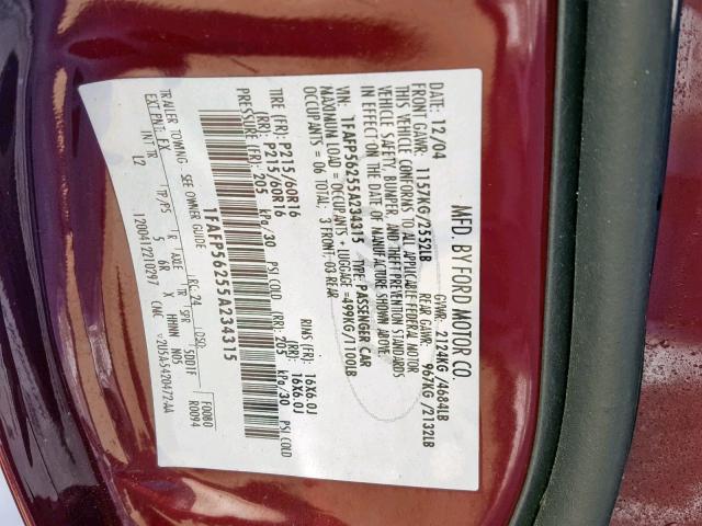 1FAFP56255A234315 - 2005 FORD TAURUS SEL RED photo 10