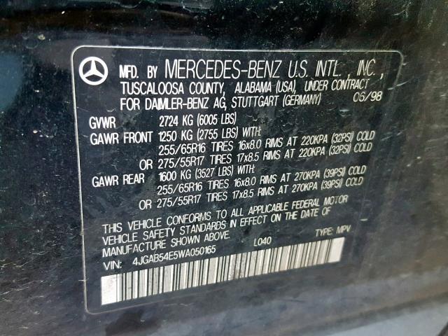 4JGAB54E5WA050165 - 1998 MERCEDES-BENZ ML 320 BLACK photo 10