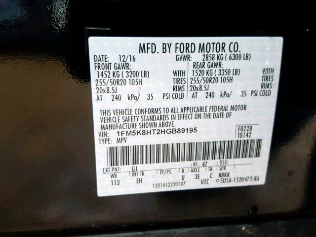 1FM5K8HT2HGB89195 - 2017 FORD EXPLORER P BLACK photo 10