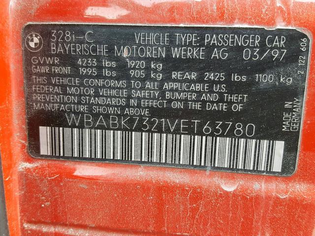 WBABK7321VET63780 - 1997 BMW 328 IC RED photo 10