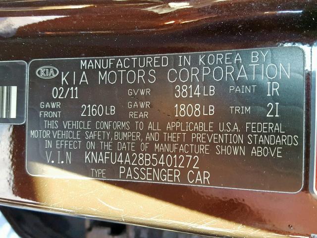 KNAFU4A28B5401272 - 2011 KIA FORTE EX MAROON photo 10