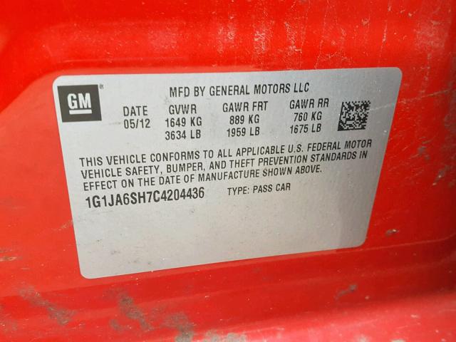 1G1JA6SH7C4204436 - 2012 CHEVROLET SONIC LS 红色 照片 10