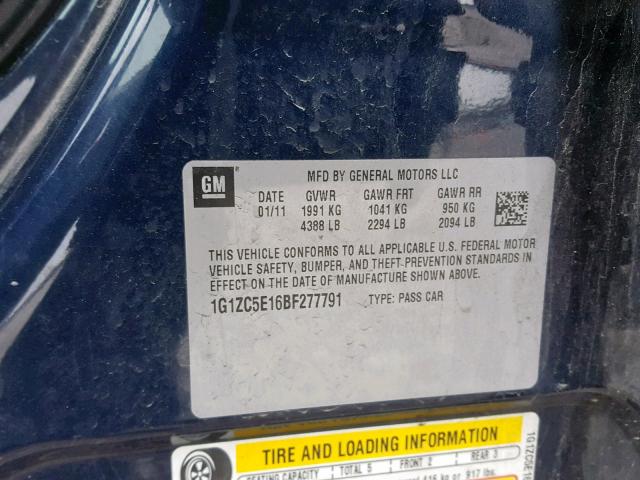 1G1ZC5E16BF277791 - 2011 CHEVROLET MALIBU 1LT BLUE photo 10