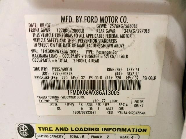 1FMDK06WX8GA13005 - 2008 FORD TAURUS X L WHITE photo 10