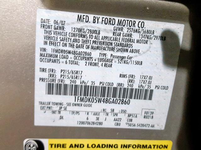 1FMDK05W48GA02860 - 2008 FORD TAURUS X S SILVER photo 10