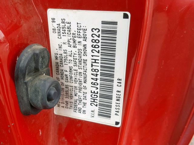 2HGEJ6448TH126823 - 1996 HONDA CIVIC DX RED photo 10