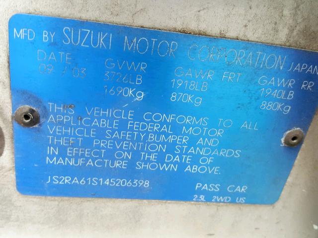 JS2RA61S145206398 - 2004 SUZUKI AERIO S SILVER photo 10