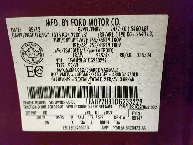 1FAHP2H81DG233229 - 2013 FORD TAURUS SEL MAROON photo 10