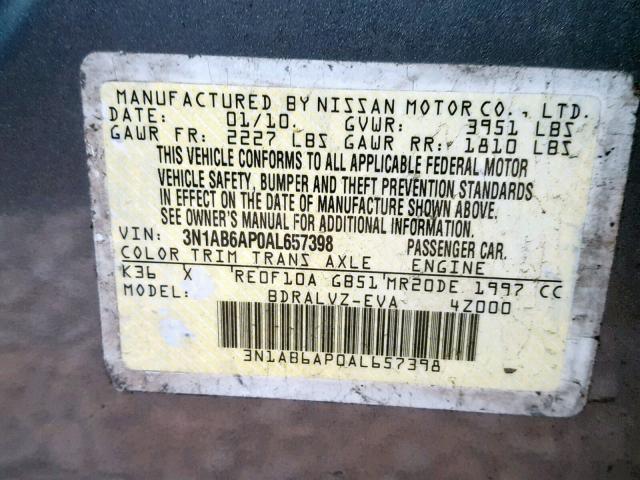 3N1AB6AP0AL657398 - 2010 NISSAN SENTRA 2.0 GRAY photo 10