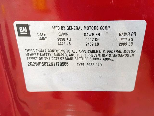 2G2WP582281170566 - 2008 PONTIAC GRAND PRIX MAROON photo 10