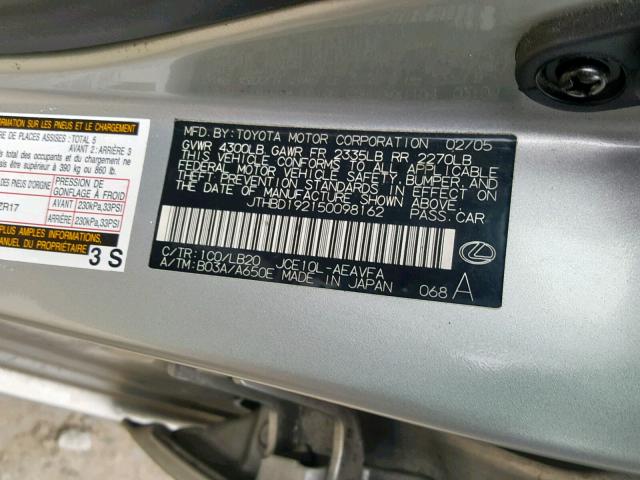 JTHBD192150098162 - 2005 LEXUS IS 300 SILVER photo 10