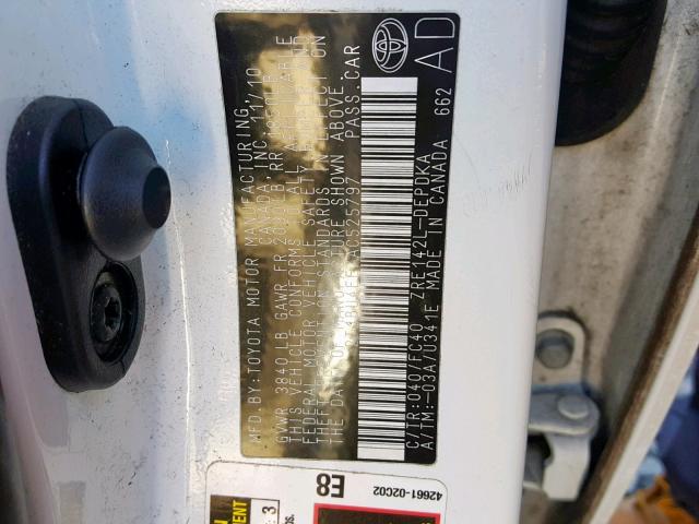 2T1BU4EE7AC525797 - 2010 TOYOTA COROLLA BA WHITE photo 10