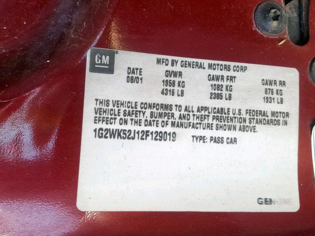 1G2WK52J12F129019 - 2002 PONTIAC GRAND PRIX MAROON photo 10