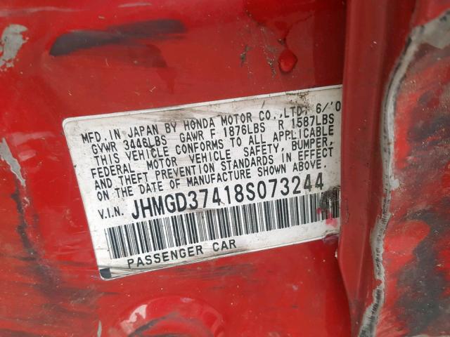 JHMGD37418S073244 - 2008 HONDA FIT RED photo 10