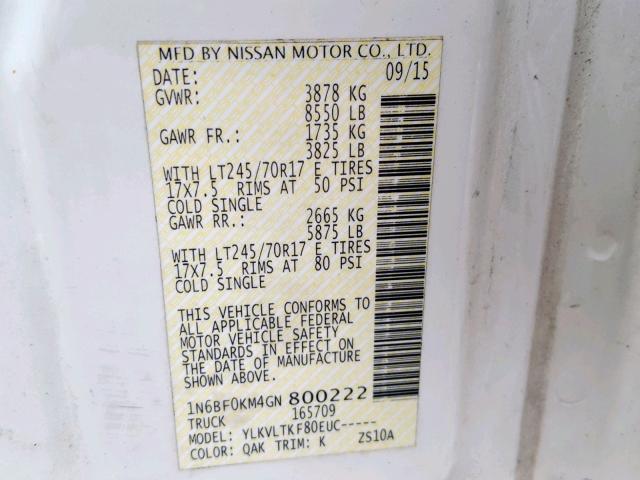 1N6BF0KM4GN800222 - 2016 NISSAN NV 1500 S WHITE photo 10