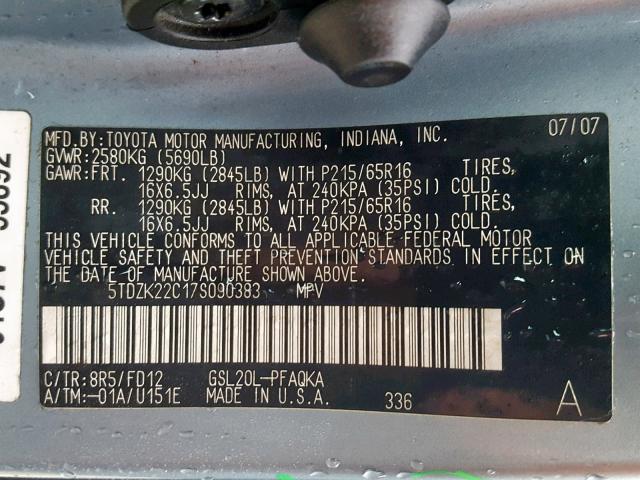 5TDZK22C17S090383 - 2007 TOYOTA SIENNA XLE BLUE photo 10