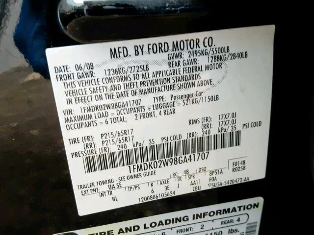 1FMDK02W98GA41707 - 2008 FORD TAURUS X S BLACK photo 10