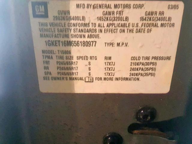 1GKET16M656180977 - 2005 GMC ENVOY XL GRAY photo 10