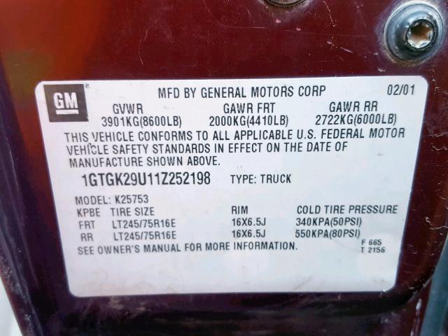 1GTGK29U11Z252198 - 2001 GMC NEW SIERRA RED photo 10