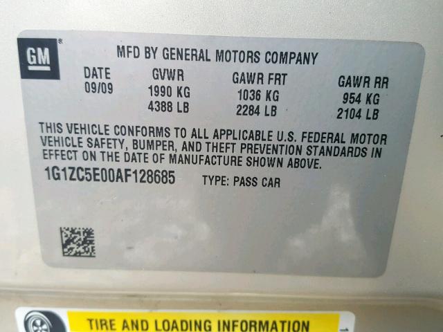 1G1ZC5E00AF128685 - 2010 CHEVROLET MALIBU 1LT GOLD photo 10