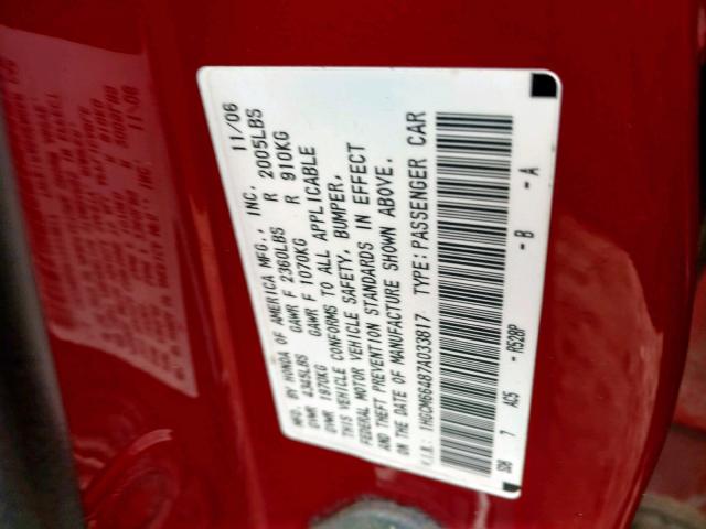 1HGCM66487A033817 - 2007 HONDA ACCORD SE RED photo 10