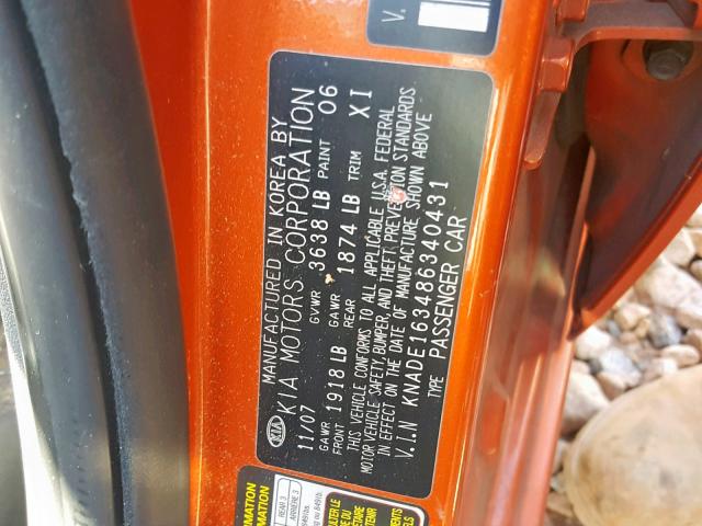 KNADE163486340431 - 2008 KIA RIO 5 SX ORANGE photo 10