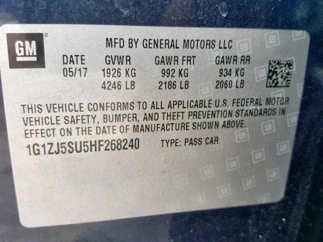 1G1ZJ5SU5HF268240 - 2017 CHEVROLET MALIBU HYB BLUE photo 10