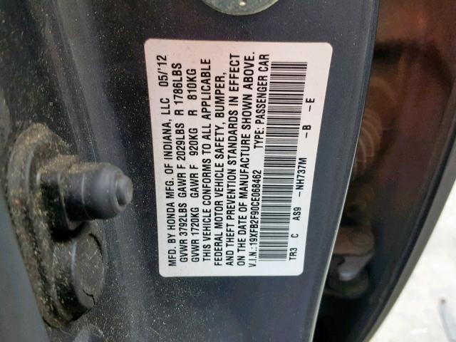 19XFB2F90CE068462 - 2012 HONDA CIVIC EXL GRAY photo 10