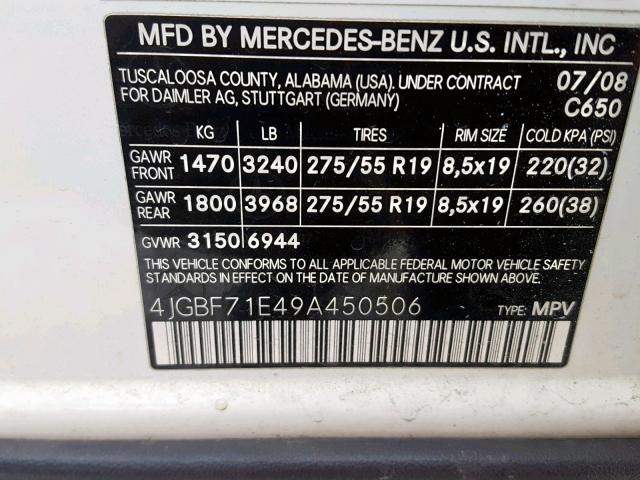 4JGBF71E49A450506 - 2009 MERCEDES-BENZ GL 450 4MA YELLOW photo 10