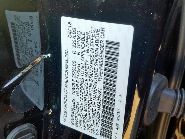 19UUB3F33KA000281 - 2019 ACURA TLX BLACK photo 10