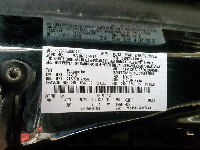 1FADP3J26DL280564 - 2013 FORD FOCUS TITA BLACK photo 10