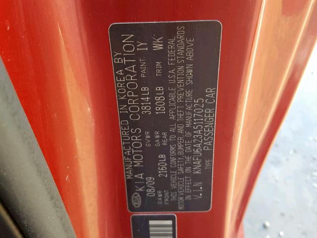 KNAFU6A23A5117025 - 2010 KIA FORTE EX RED photo 10