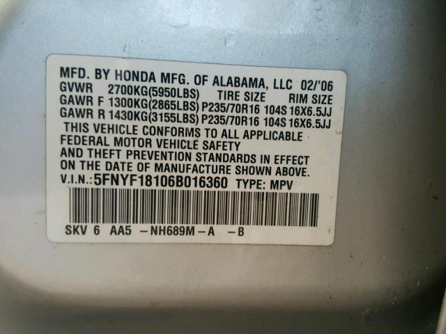 5FNYF18106B016360 - 2006 HONDA PILOT LX SILVER photo 10