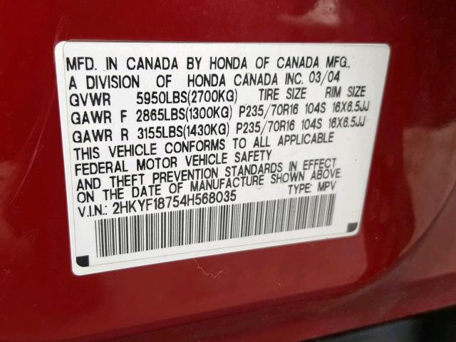 2HKYF18754H568035 - 2004 HONDA PILOT EXL MAROON photo 10