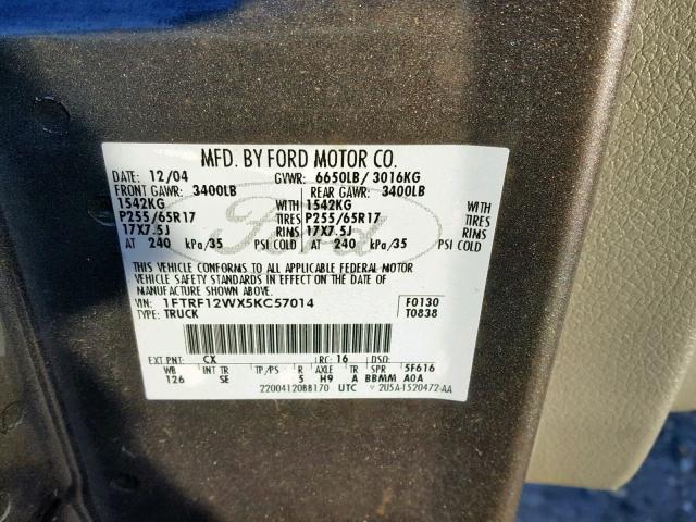 1FTRF12WX5KC57014 - 2005 FORD F150 GRAY photo 10