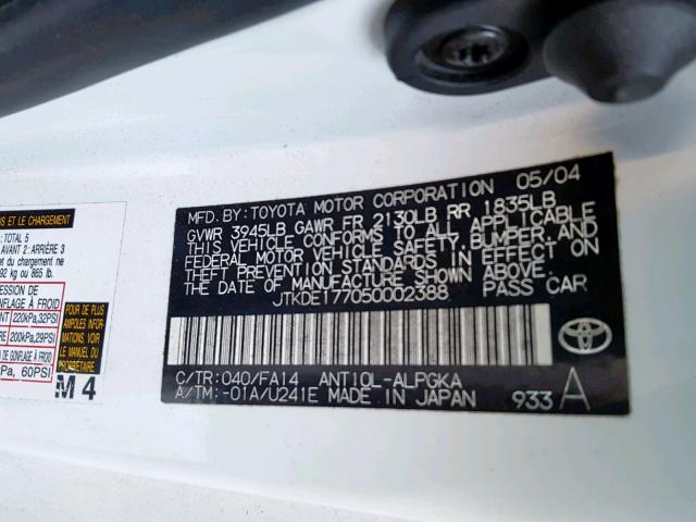 JTKDE177050002388 - 2005 TOYOTA SCION TC თეთრი ფოტო 10