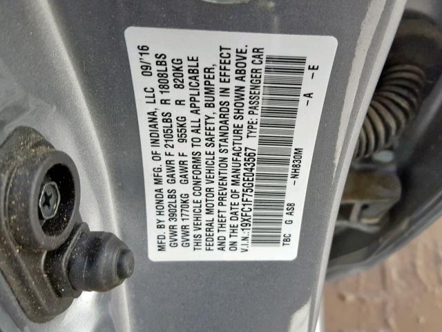 19XFC1F75GE043567 - 2016 HONDA CIVIC EXL SILVER photo 10