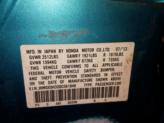 JHMGE8H30DC061848 - 2013 HONDA FIT BLUE photo 10