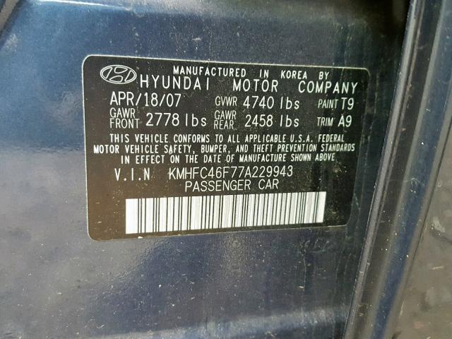 KMHFC46F77A229943 - 2007 HYUNDAI AZERA SE BLUE photo 10