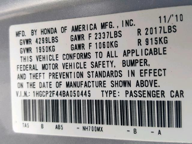 1HGCP2F44BA050445 - 2011 HONDA ACCORD LXP SILVER photo 10