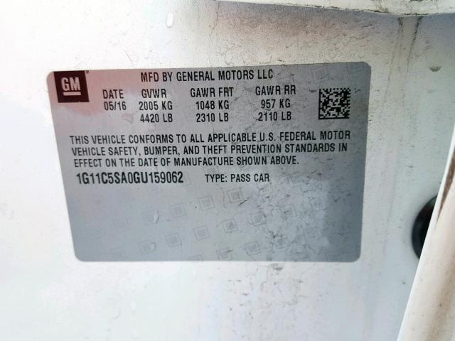 1G11C5SA0GU159062 - 2016 CHEVROLET MALIBU LIM 白色 照片 10