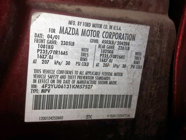 4F2YU06131KM57527 - 2001 MAZDA TRIBUTE DX 栗色 照片 10