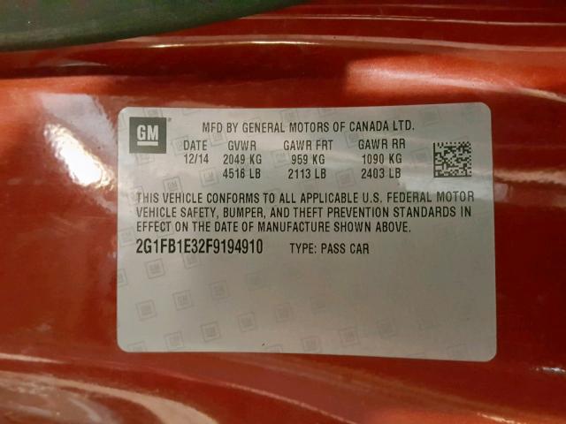 2G1FB1E32F9194910 - 2015 CHEVROLET CAMARO LS RED photo 10